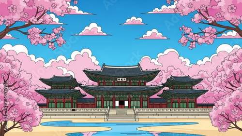 Traditional Korean palace surrounded by blooming cherry blossoms a serene landscape illustration for travel and cultural