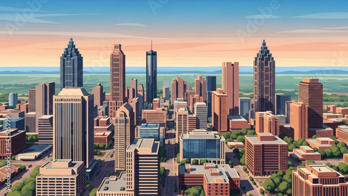 Modern cityscape with skyscrapers at sunrise urban skyline illustration for business and travel concepts bright sky