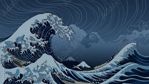 Great Wave off Kanagawa inspired illustration Japanese art style depicting a powerful ocean surge with Mount Fuji in the