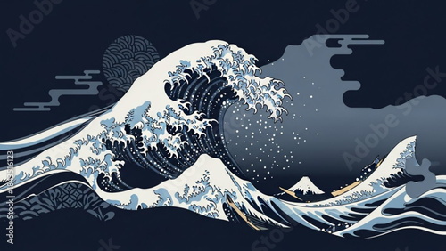Great Wave off Kanagawa inspired illustration Japanese art style with Mount Fuji and stormy sea traditional ukiyo-e conc