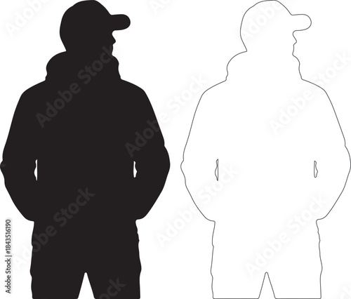 Isolated Black Man Silhouette and Outline Vector with Cap and Jacket isolated PNG with Transparent Background