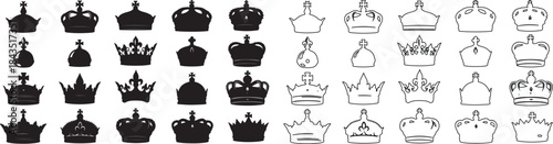 Collection of Royal Crown Icons. Black Silhouette and Outline Vector Set. isolated PNG with Transparent Background