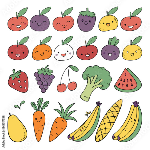 Cute cartoon fruits and vegetables with happy faces, A colorful collection of hand-drawn cartoon fruits and vegetables, each with a unique, cheerful expression, arranged in rows. 
