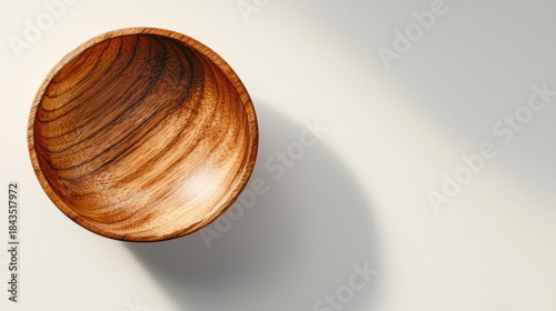 Empty round wooden bowl on a white table cast with soft shadows, concept of natural kitchenware and minimalist design.