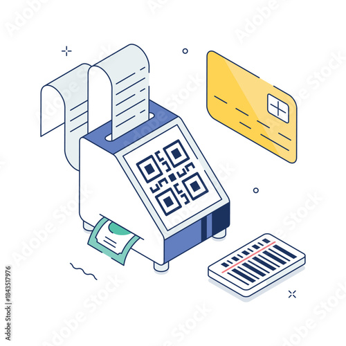 A trendy editable isometric illustration of QR based cashless payment terminal
