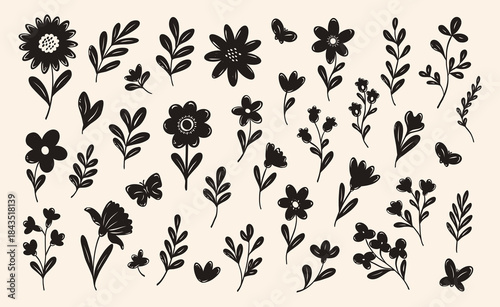 Minimalist set of abstract vector flowers. Hand-drawn black paint, doodle pencil, brush, chalk style. Monochrome botanical ink drawing with floral elements including sketch silhouettes of daisy, aster