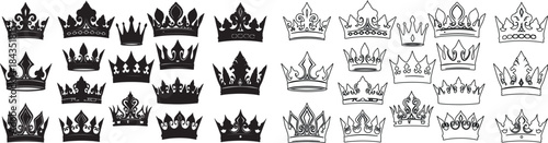 Big Set of Royal Crowns Vector Icons. Hand Drawn Outline and Black Silhouette Crowns Collection. isolated PNG with Transparent Background