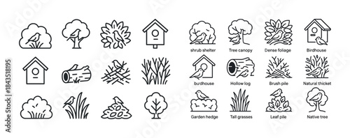Icon set of bird habitats with trees, bushes, and birdhouses