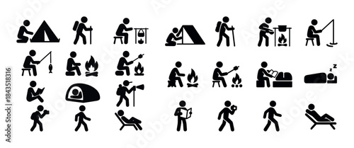 Set of icons depicting outdoor camping activities and leisure