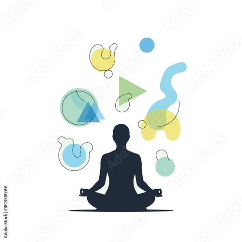 Mindful Meditation and Abstract Thought Illustration with Geometric Shapes Floating Above Silhouette