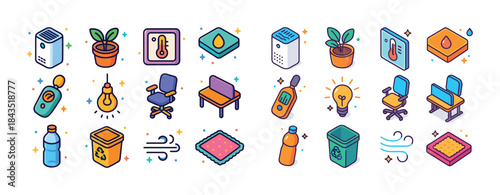 Colorful isometric icons of household and office items