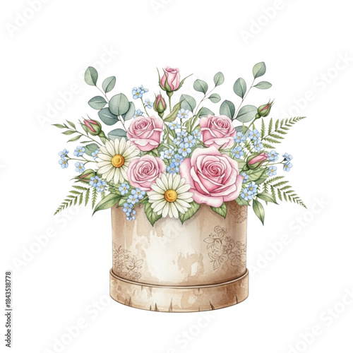 Watercolor Floral Arrangement in Vintage Hatbox, Pink Roses, Daisies, Eucalyptus, Spring Blossom, Romantic Bouquet, Garden Flowers, Delicate Botanical Art for Celebrations, Weddings, Home Decor