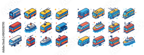 Colorful isometric urban transportation icons featuring trains b
