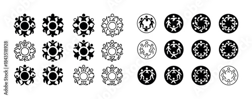 Diverse circular family symbol icons in black and white designs