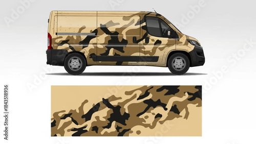 Camouflage Vehicle Wrap and Matching Banner Display Featuring Beige, Brown, and Green Woodland Pattern.