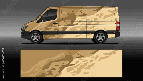Desert themed beige cargo van with sand texture and graphic side design on a plain surface.