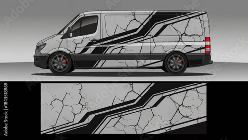 Graphic patterned van with bold line artwork and cracked texture on exterior sideview.