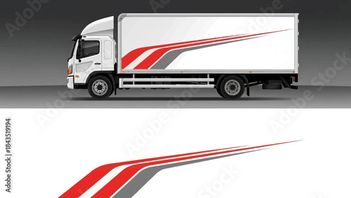 White Truck Trailer with Red Stripes in Side Profile on Road.