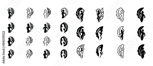 Set of abstract female silhouette floral designs in black and wh