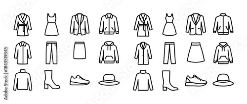 Fashion icon set: dresses, coats, skirts, hoodies, jackets, pant