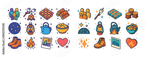 Colorful outdoor camping icons: family, campfire, tent, lantern,