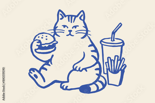 Cat with burger fries soda doodle outline vector illustration