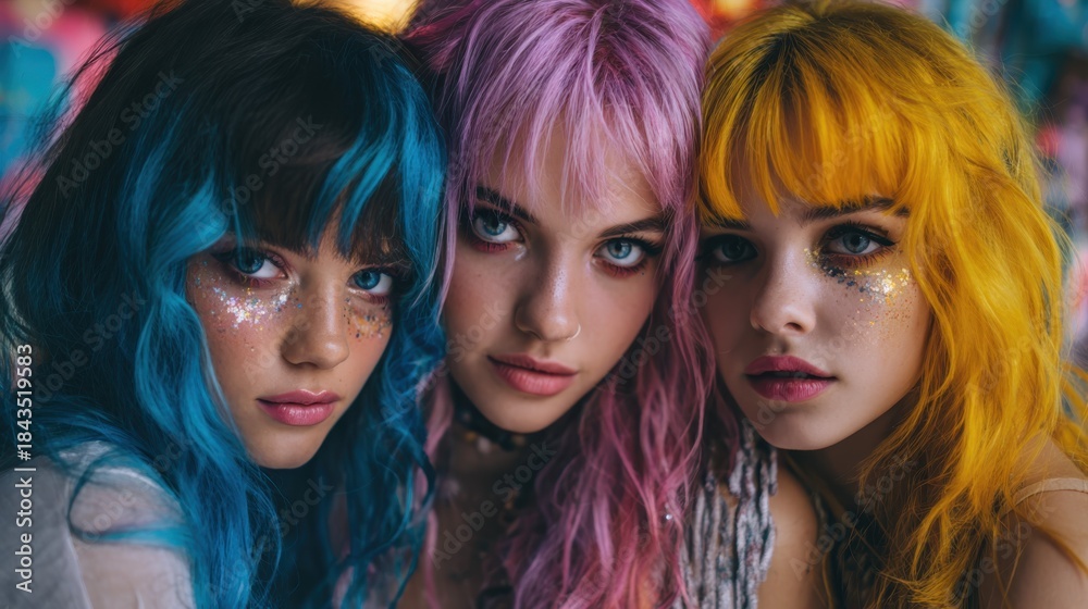 Naklejka premium Three young women with colored hair pose close together in a vibrant setting with colorful backgrounds and bright makeup during a fun activity