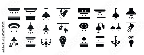 Various black silhouette lighting icons for home and interior de