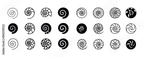 Collection of geometric spiral icon designs in various styles an