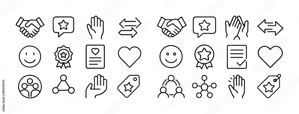 Naklejka premium Simple black and white line icons of hands, badges, and communic