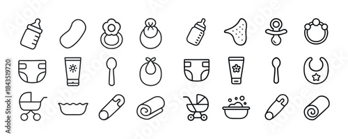 Baby essentials icons set: bottle, pacifier, diaper, stroller, b