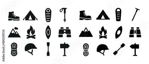 Outdoor adventure icons: camping, hiking, canoeing, and climbing