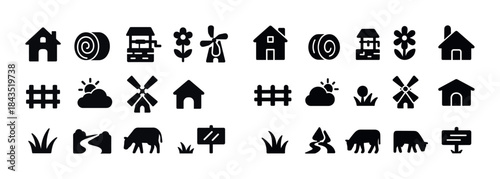 Set of isolated farm icons featuring windmills, animals, and nat