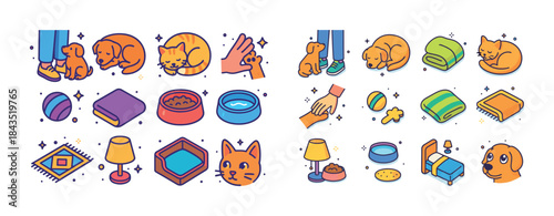 Pet care icons: dogs, cats, accessories, toys, bowls, beds, mats