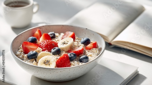 A ceramic bowl of oatmeal topped with berries and banana sits beside an open book and mug, bathed in natural light