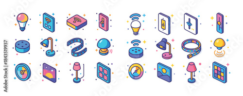 Colorful isometric smart home gadgets and devices illustration