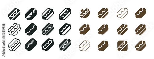 Set of hot dog icons in various styles and colors