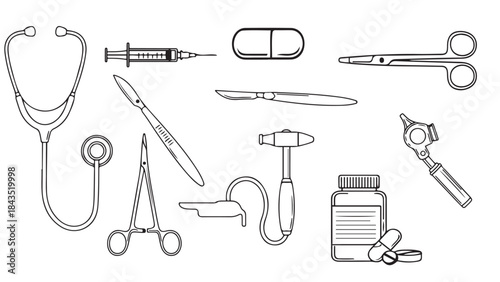 Diagnostic Instrument Line Art for Clinical Cost Analysis and Medical Practice Financial Planning