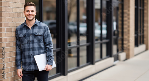 Fototapeta Naklejka Na Ścianę i Meble -  Retail entrepreneur small business owner standing outside a storefront holding a laptop computer to manage commercial operations and sales data for local market startup expansion