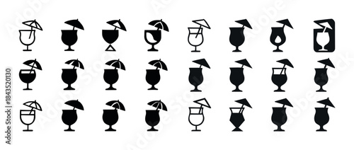 Set of 25 silhouette tropical cocktail icons with umbrellas