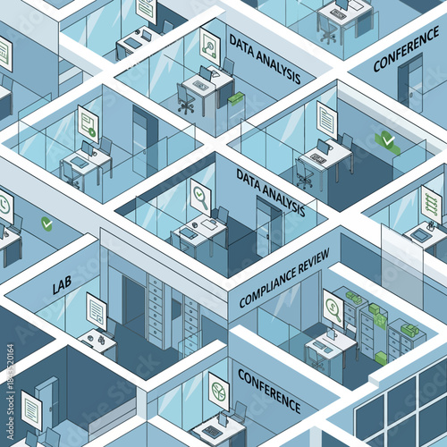 Modern Office Building Interior with Labeled Departments.