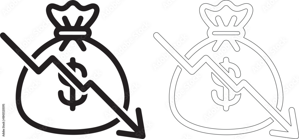 Fototapeta premium Black and white line art of a money bag with a downward arrow
