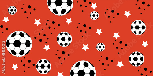 Soccer balls and stars. Football pattern from balls, red background. Pattern for textiles, pillows, clothes, background, packaging, notepads.