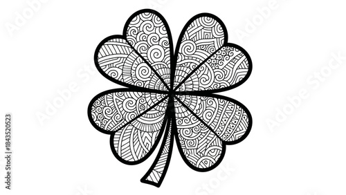 Detailed Vector Illustration of an Ornate Four-Leaf Clover with Intricate Mandala Patterns