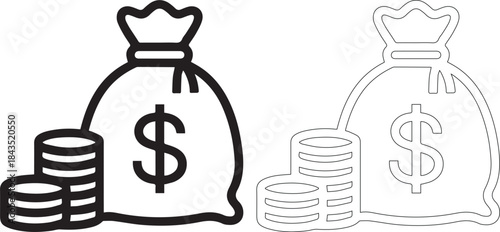 Black and white line art of money bags and coins in two styles