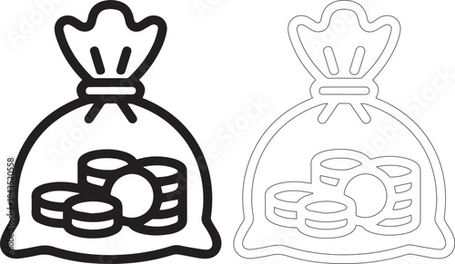 A black and white illustration of two money bags with coins