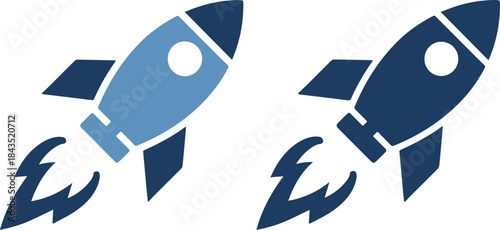 Two navy blue and light blue rocket ships blasting off