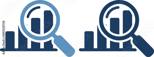 Two magnifying glasses analyzing bar charts in blue tones