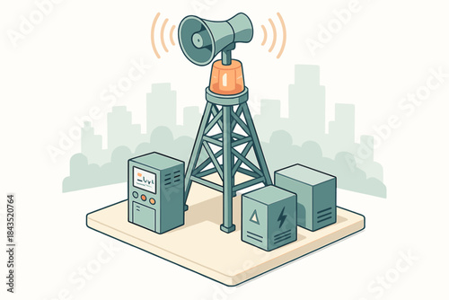 Emergency broadcast tower with loudspeaker and control boxes against city skyline