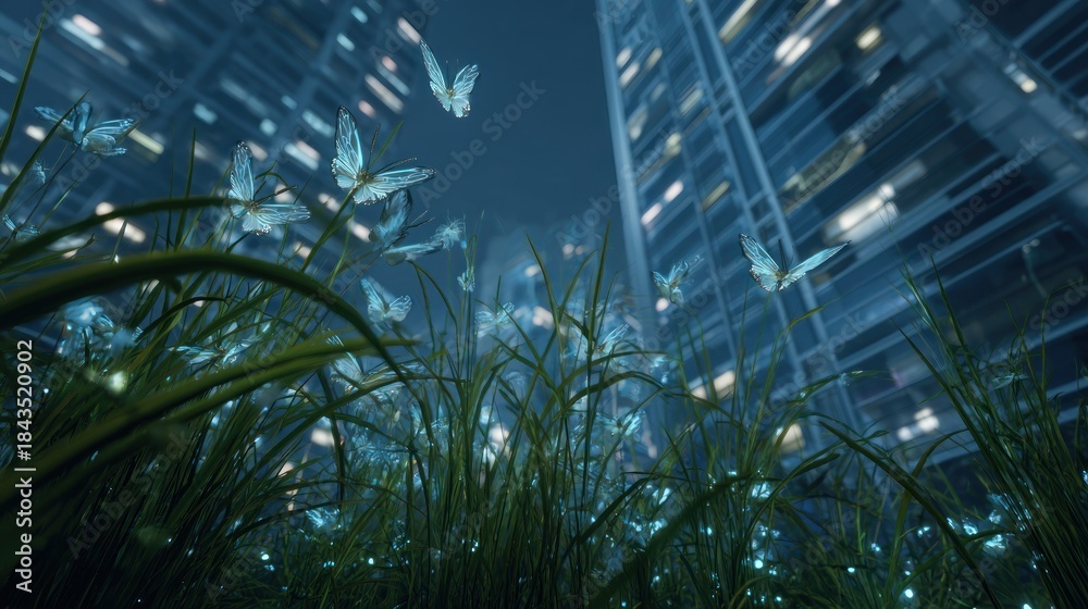 Fototapeta premium Glowing butterflies in grassy urban night